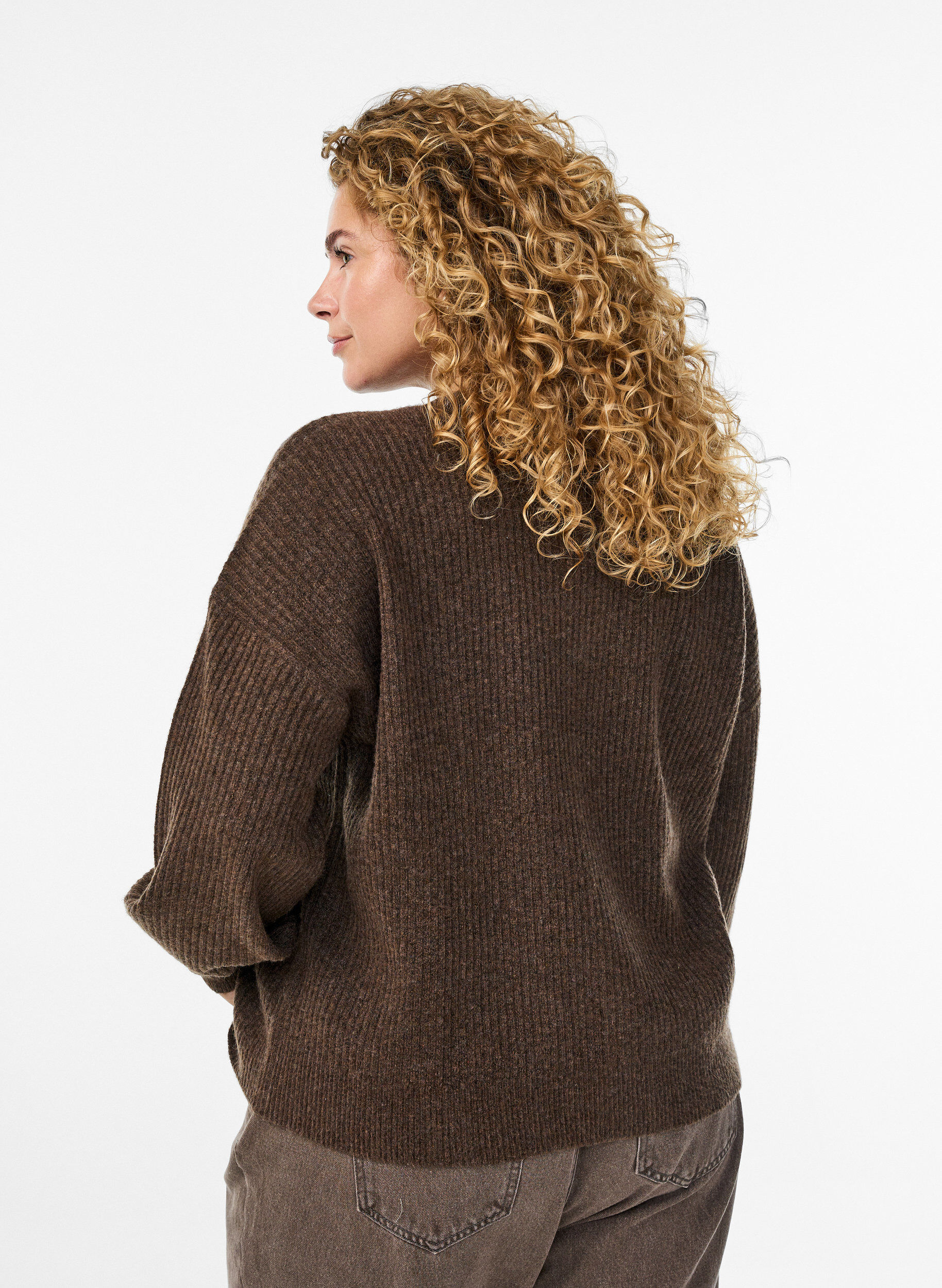 ZizziRibstrikket cardigan med knapper, Brun, Model image number 2