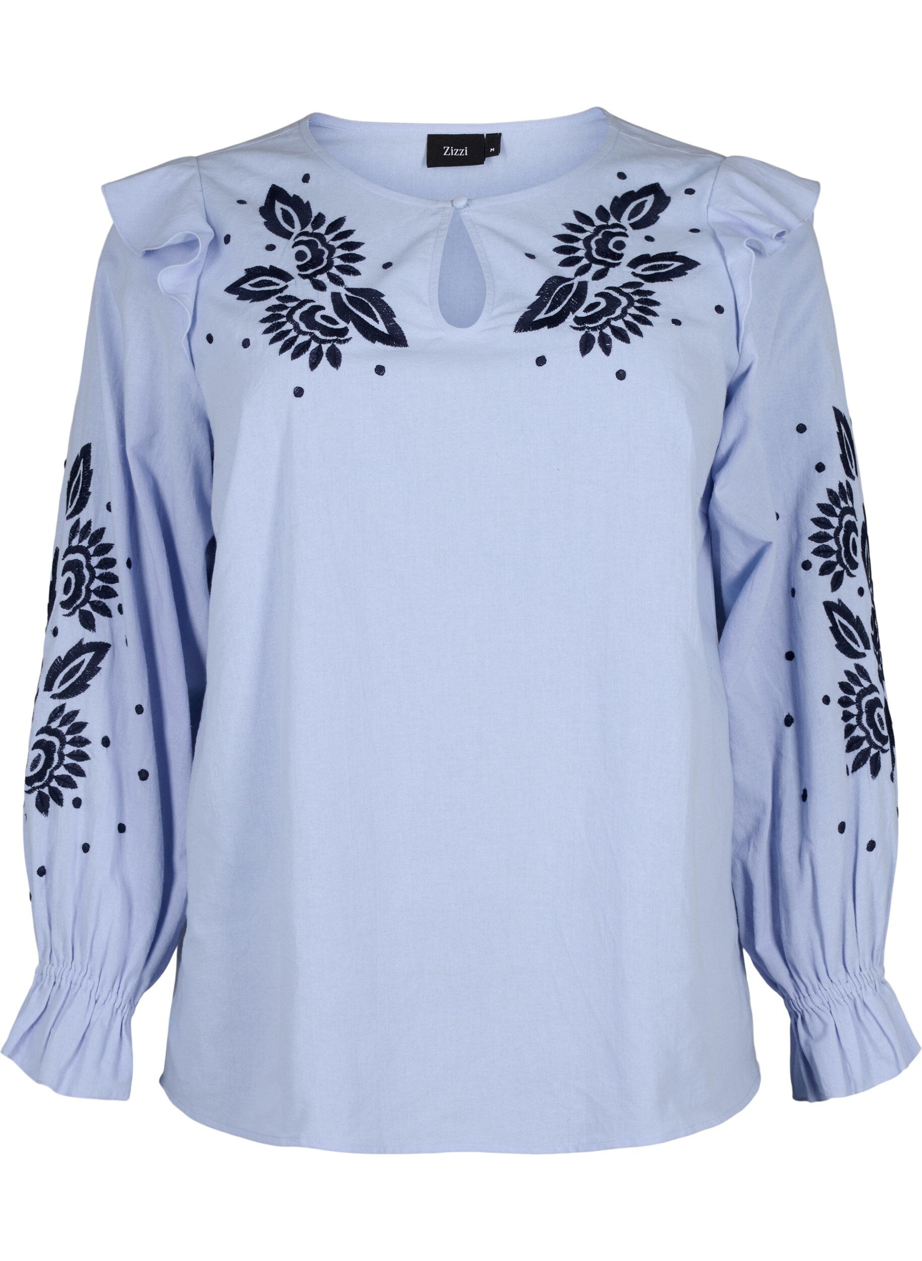 Zizzi Bluse i bomuld med broderi og fl&aelig;ser, Bl&aring;, Packshot image number 0