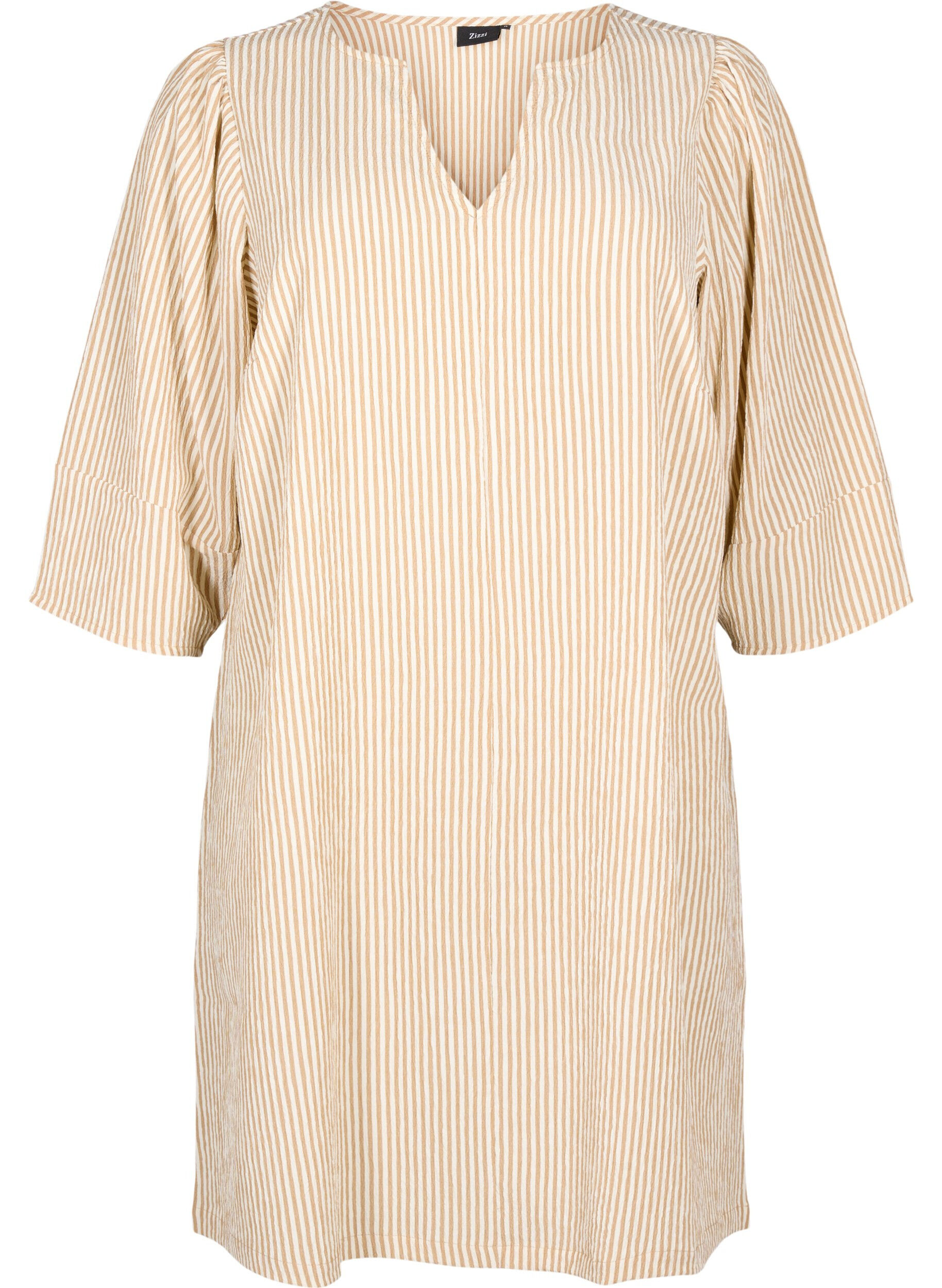 Zizzi Stribet kjole med 3/4 &aelig;rmer, Camel Stripe, Packshot image number 0