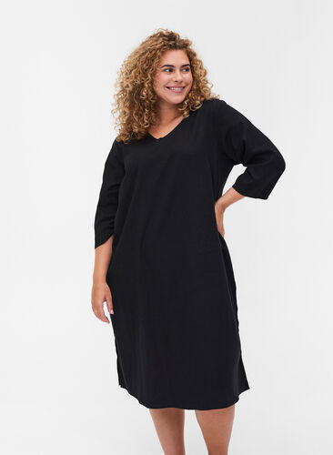 Bomulds kjole med 3/4 ærmer og knapper, Black, Model image number 0