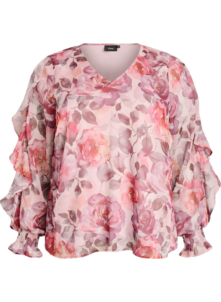 Blomstret bluse med V-udsk&aelig;ring og fl&aelig;se&aelig;rmer, Lyser&oslash;d, Packshot image number 0