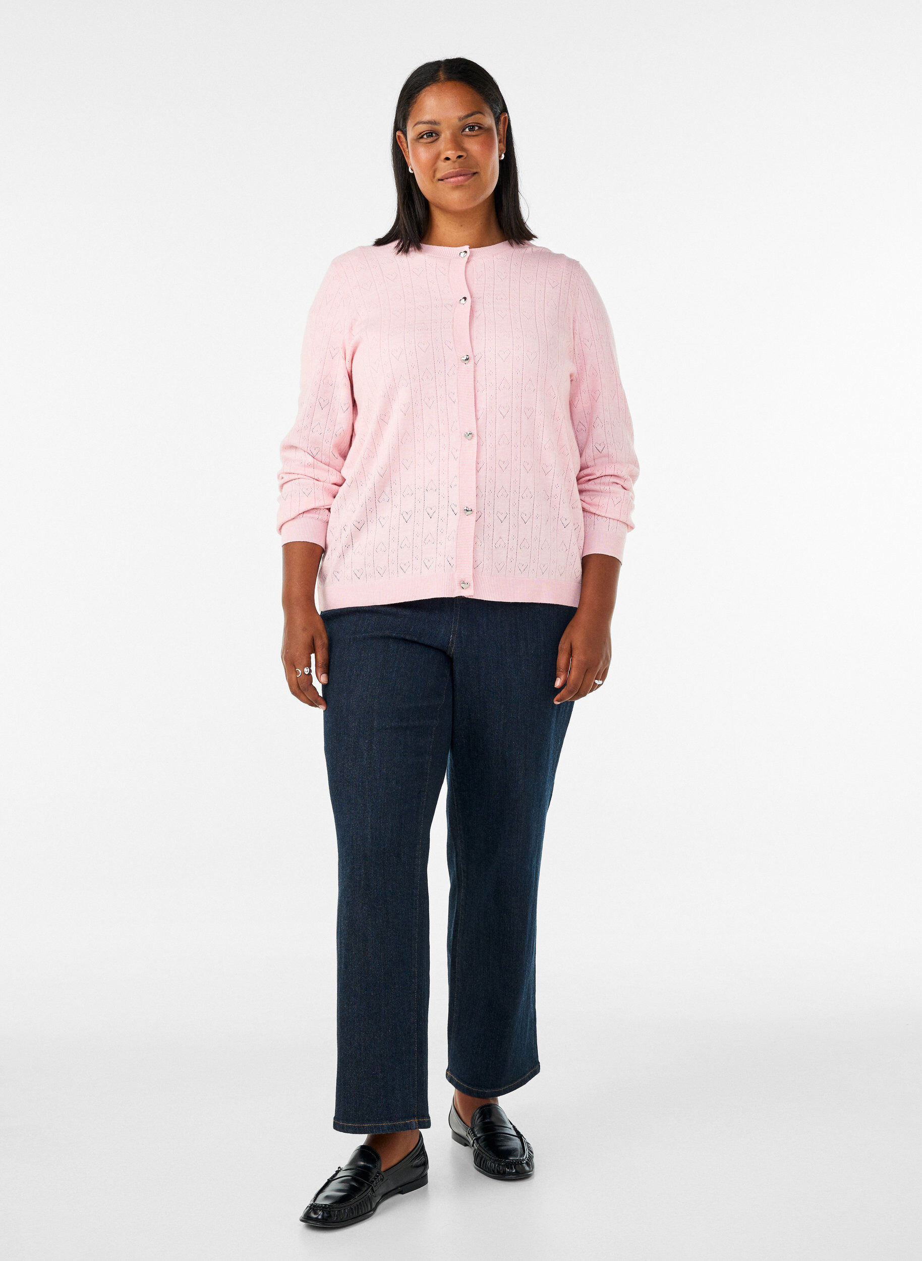 ZizziStrikket cardigan med hjertehulm&oslash;nster, Lyser&oslash;d, Model image number 1