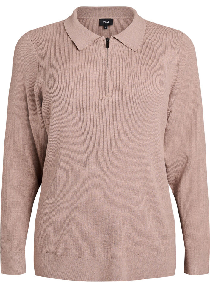 Ribstrikket pullover med polokrave og lynlås, Beige, Packshot image number 0