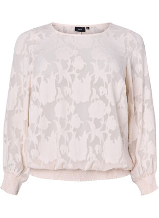 Jacquard bluse med smock, Warm Off-white, Packshot image number 0