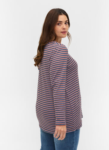 Stribet bluse med lange ærmer, Mahogany/Navy Stripe, Model image number 1