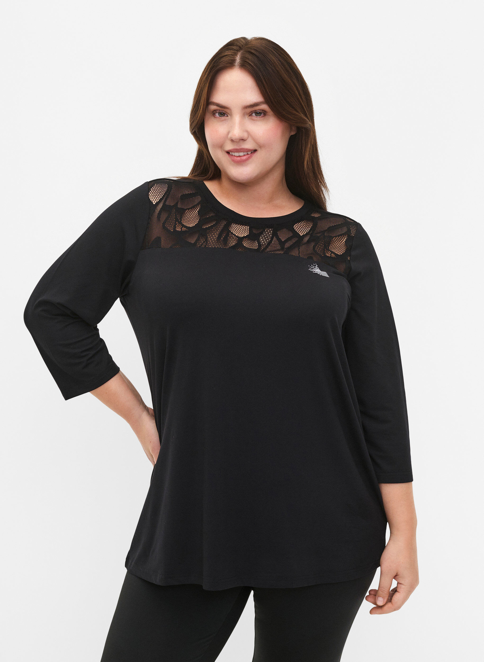 Zizzi Tr&aelig;nings t-shirt med 3/4 &aelig;rmer og m&oslash;nstret mesh, Black, Model image number 0