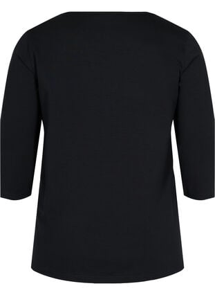 Ensfarvet bomulds bluse med 3/4 ærmer og slids, Black, Packshot image number 1
