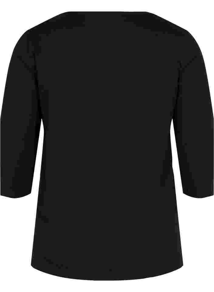 Ensfarvet bomulds bluse med 3/4 ærmer og slids, Black, Packshot image number 1