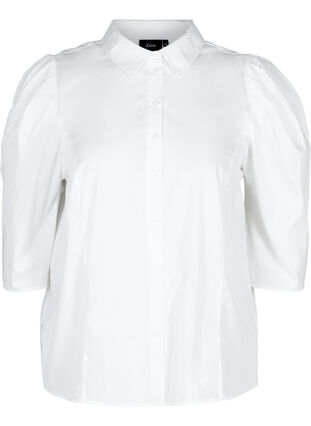 Bomulds skjorte med 3/4 pufærmer, Bright White, Packshot image number 0