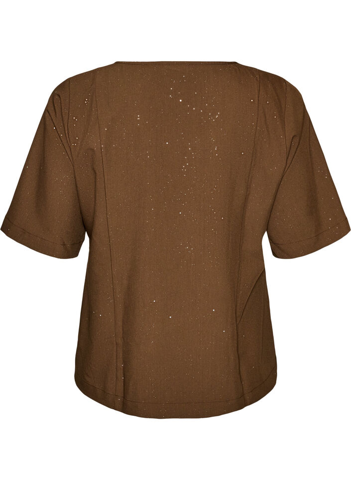 Bluse med glimmer og V-udsk&aelig;ring, Brun, Packshot image number 1
