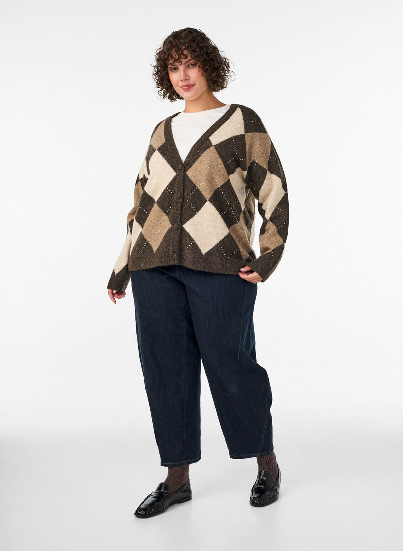 Cardigan med argylem&oslash;nster og rhinsten, Brun, Model image number 1