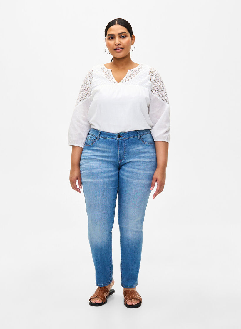 Bluse i bomuldsmix med hør og crochetdetalje, Bright White, Model image number 2