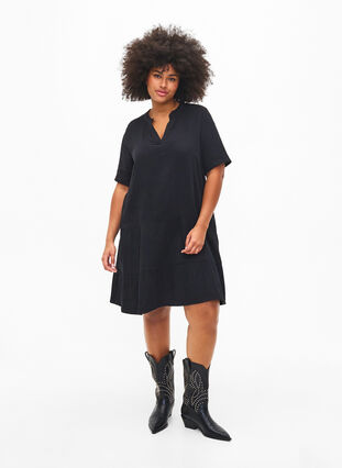 Kortærmet kjole i 100% bomuld, Black, Model image number 0