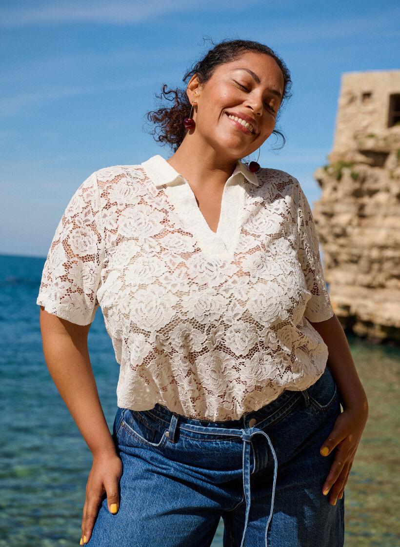 Blondebluse med krave og v-udskæring, Vanilla, Image image number 0