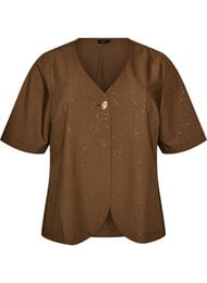 Bluse med glimmer og V-udsk&aelig;ring, Brun