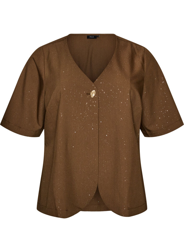 Bluse med glimmer og V-udsk&aelig;ring, Brun, Packshot image number 0
