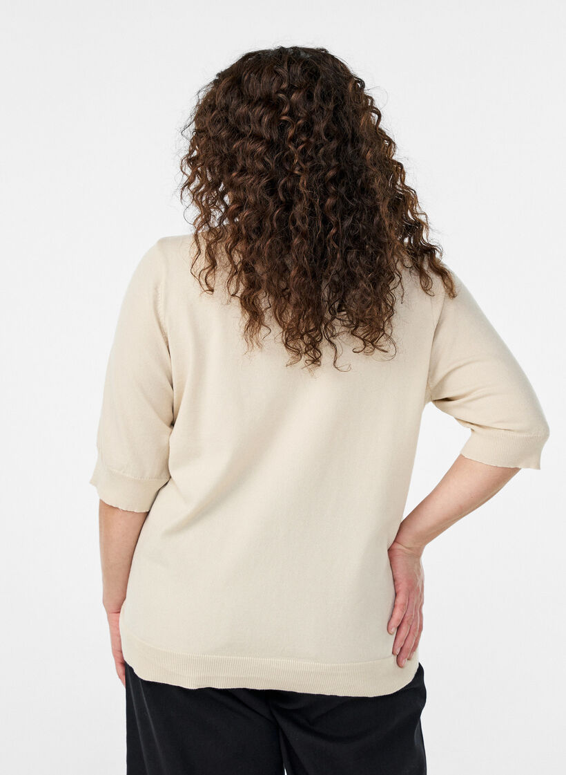 Finstrikket bluse med korte &aelig;rmer, Beige, Model image number 2