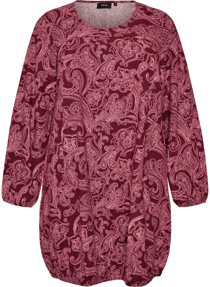 Kort bomuldskjole med elastikkant og lange &aelig;rmer, M&oslash;rk Bordeaux, Packshot image number 0