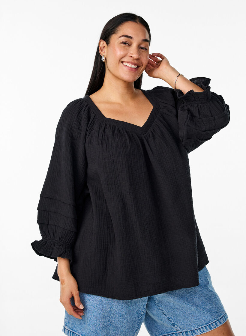 Bluse i bomuldsmusselin med 3/4 ærmer, Black, Model image number 0