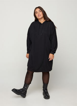 Langærmet sweatkjole med hætte, Black, Model image number 2