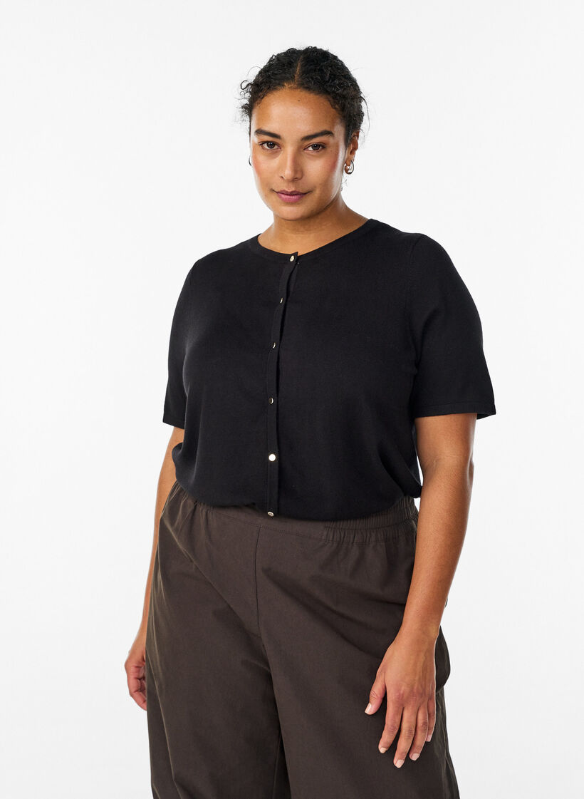 Kort&aelig;rmet strikcardigan i viskose, Sort, Model image number 0