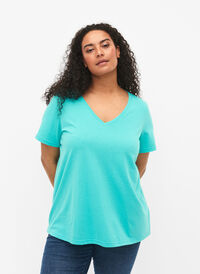 Kortærmet t-shirt med v-udskæring, Turquoise, Model