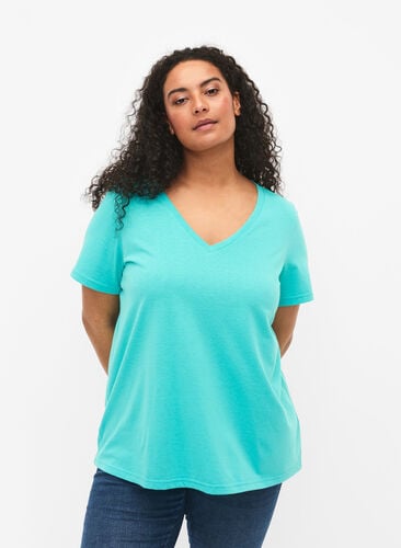 Kortærmet t-shirt med v-udskæring, Turquoise, Model image number 0
