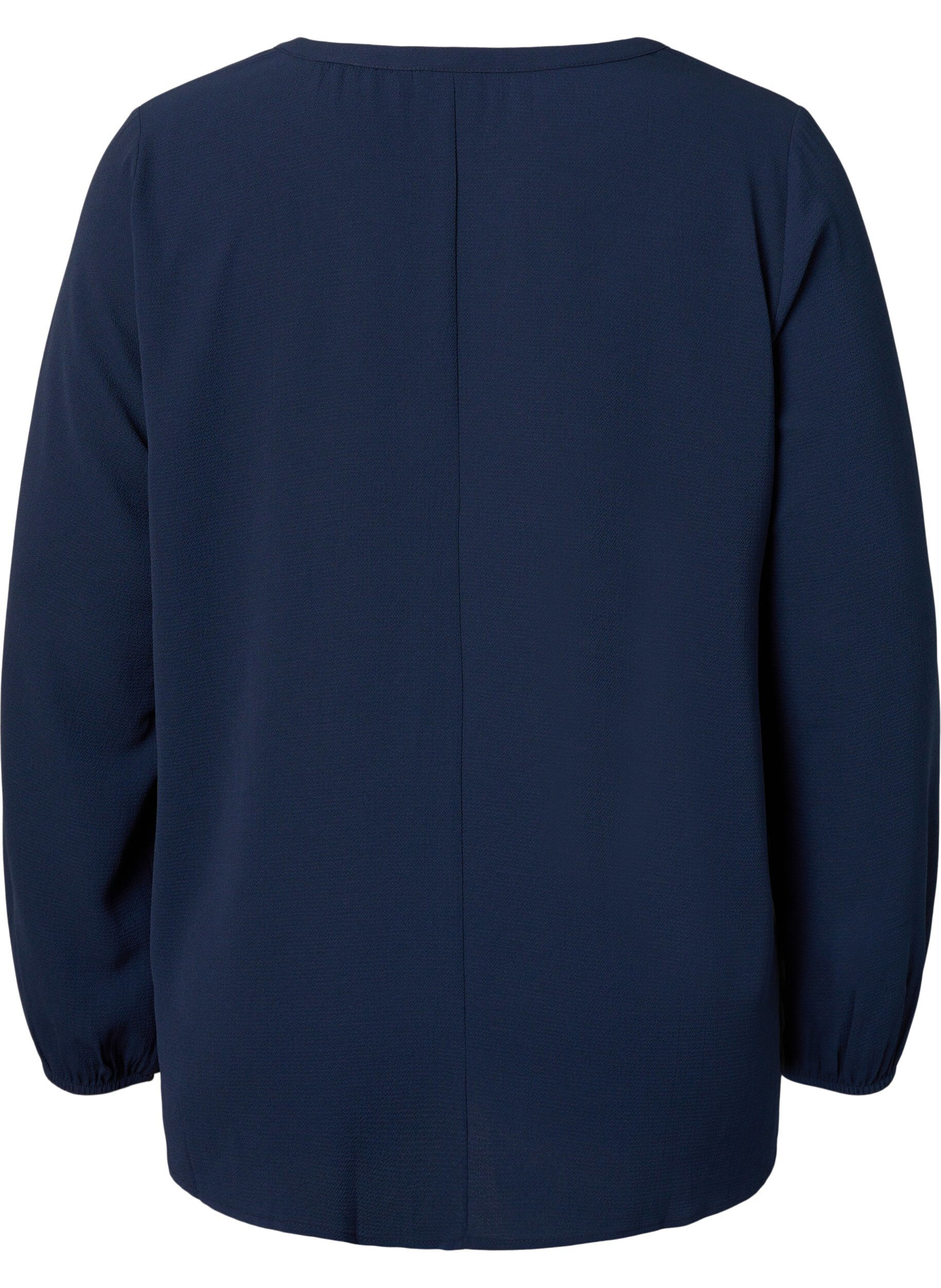 Zizzi Ensfarvet bluse med v-hals, Navy Blazer, Packshot image number 1