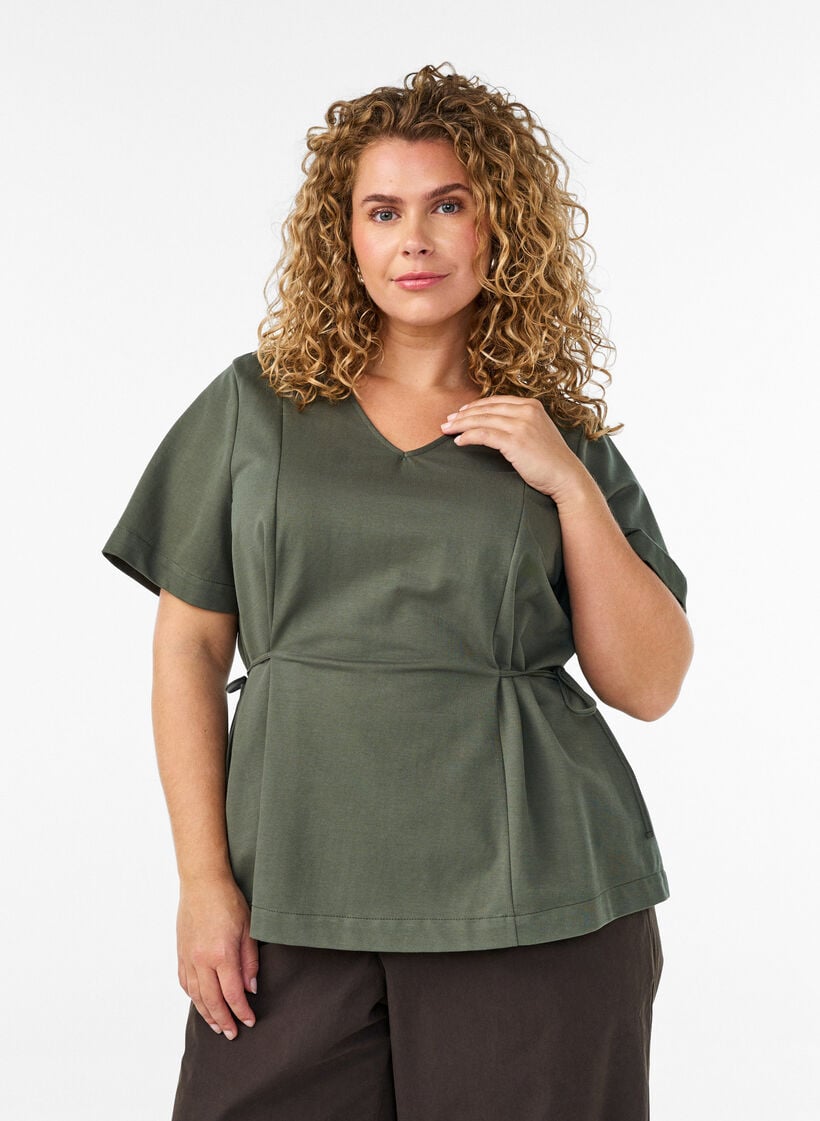 Bluse i bomuldsblanding med V-hals og bindeb&aring;nd, Gr&oslash;n, Model image number 0
