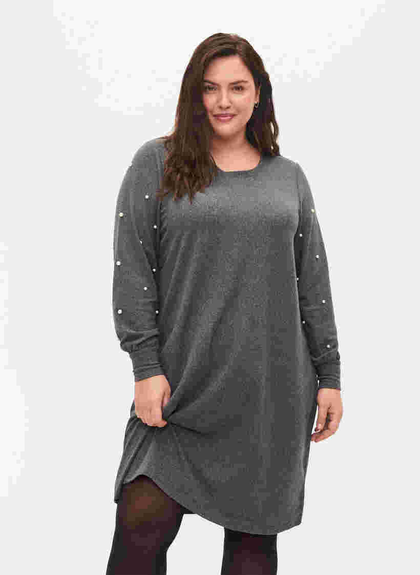 Langærmet kjole med perledetaljer, Dark Grey Melange, Model image number 0