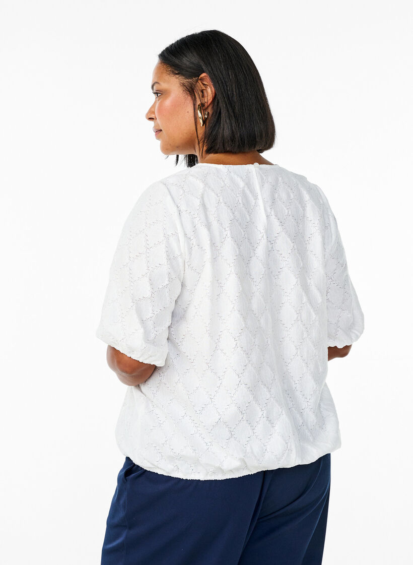 Kortærmet bluse med struktureret mønster, Bright White, Model image number 1