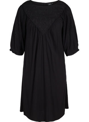 Viskose kjole med broderi og korte ærmer, Black, Packshot image number 0