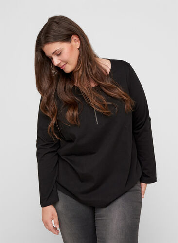 Bomulds bluse med lynlås detalje, Black, Model image number 0