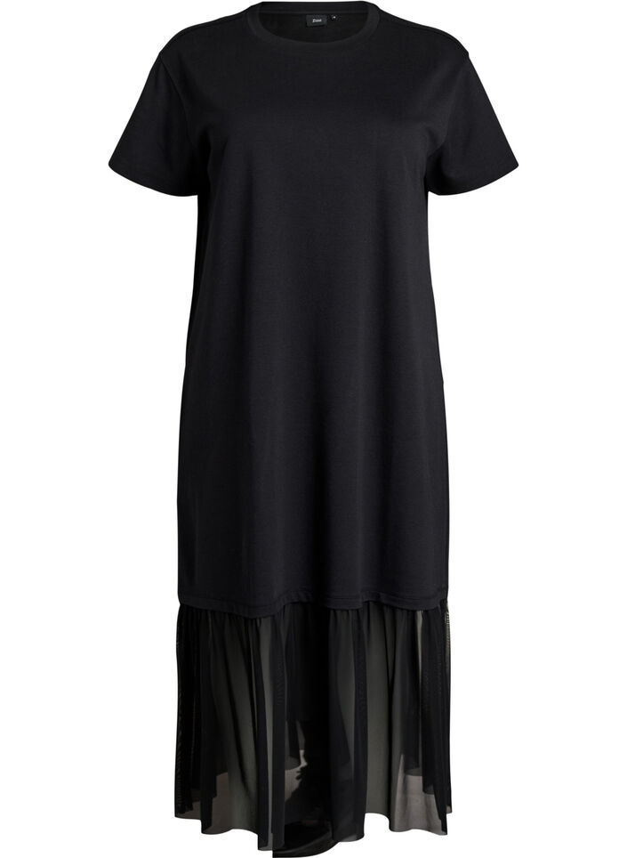 T-shirtkjole med transparent meshkant, Sort, Packshot image number 0