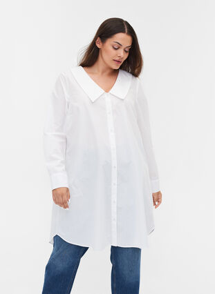 Lang skjorte i bomuld med stor krave, Bright White, Model image number 0
