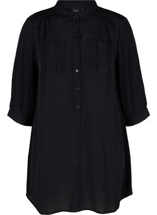 Viskose tunika med knapper og 3/4 ærmer, Black, Packshot image number 0