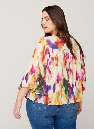 Plissé bluse med all-over print, Yellow comb AOP, Model image number 1