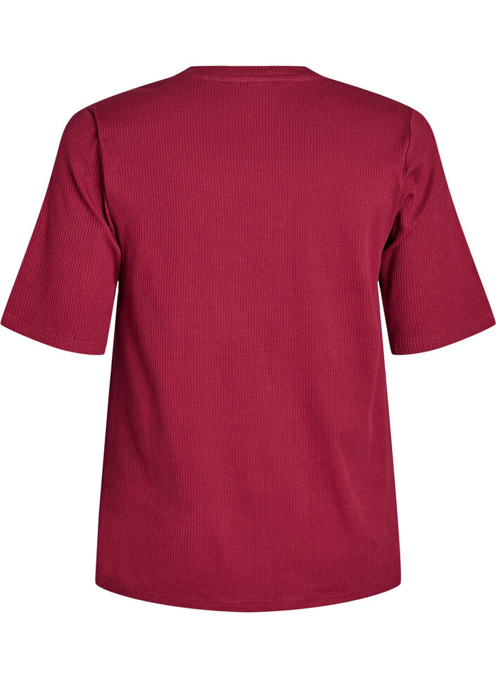 Ribbet jerseybluse med korte &aelig;rmer, M&oslash;rk Bordeaux, Packshot image number 1