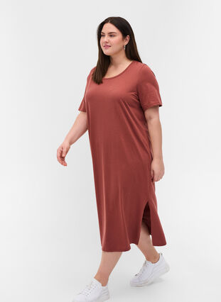 T-shirt kjole i bomuld med slids, Mahogany, Model image number 0
