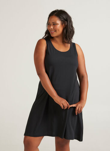 Ærmeløs bomulds kjole med a-shape, Black Solid, Model image number 0