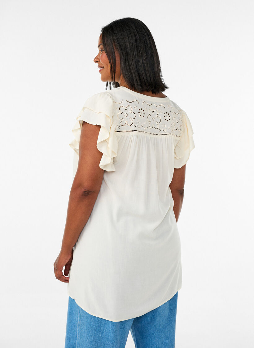 Tunika med broderie anglaise og fl&aelig;se&aelig;rmer, Beige, Model image number 2