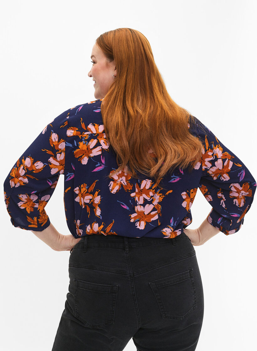 Blomstret bluse med 3/4 ærmer, Peacoat Flower AOP, Model image number 1