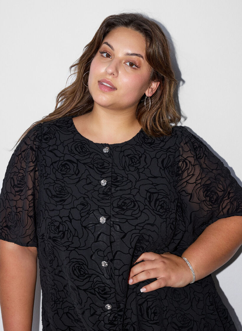 Kort kjole med rosenm&oslash;nster og knapper, Sort, Model image number 3