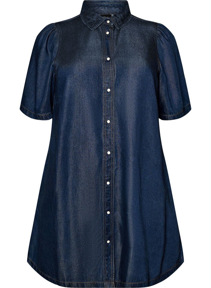 Denimkjole i lyocell med knapper og korte &aelig;rmer, Bl&aring;, Packshot image number 0