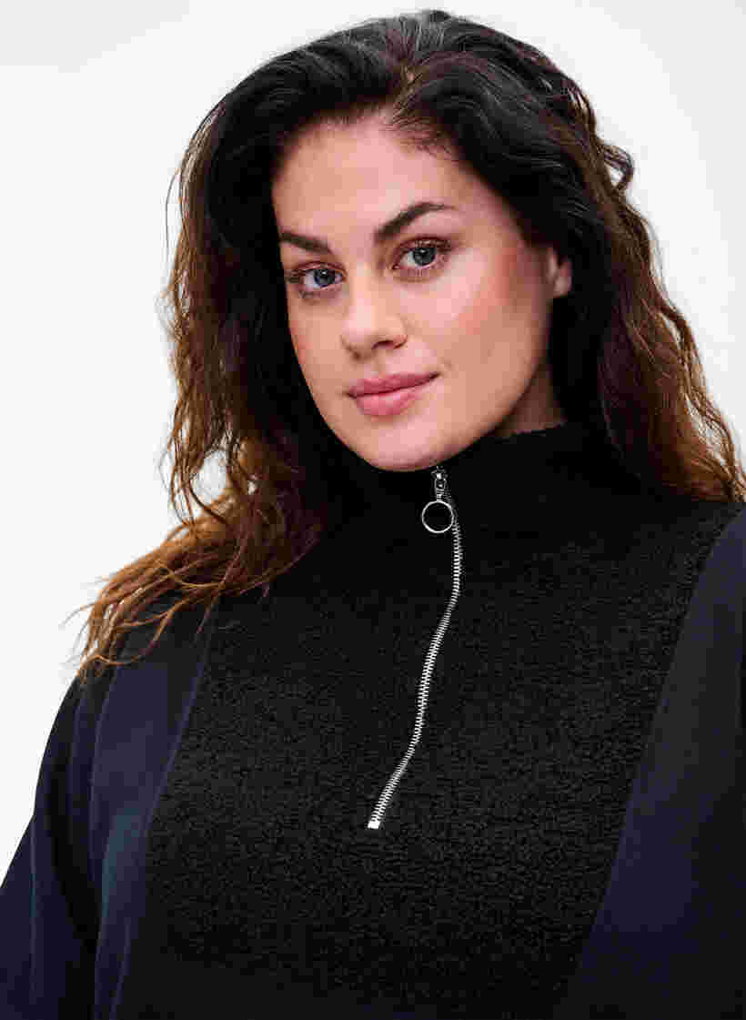 Højhalset sweatshirt med teddy og lynlås, Black, Model image number 1