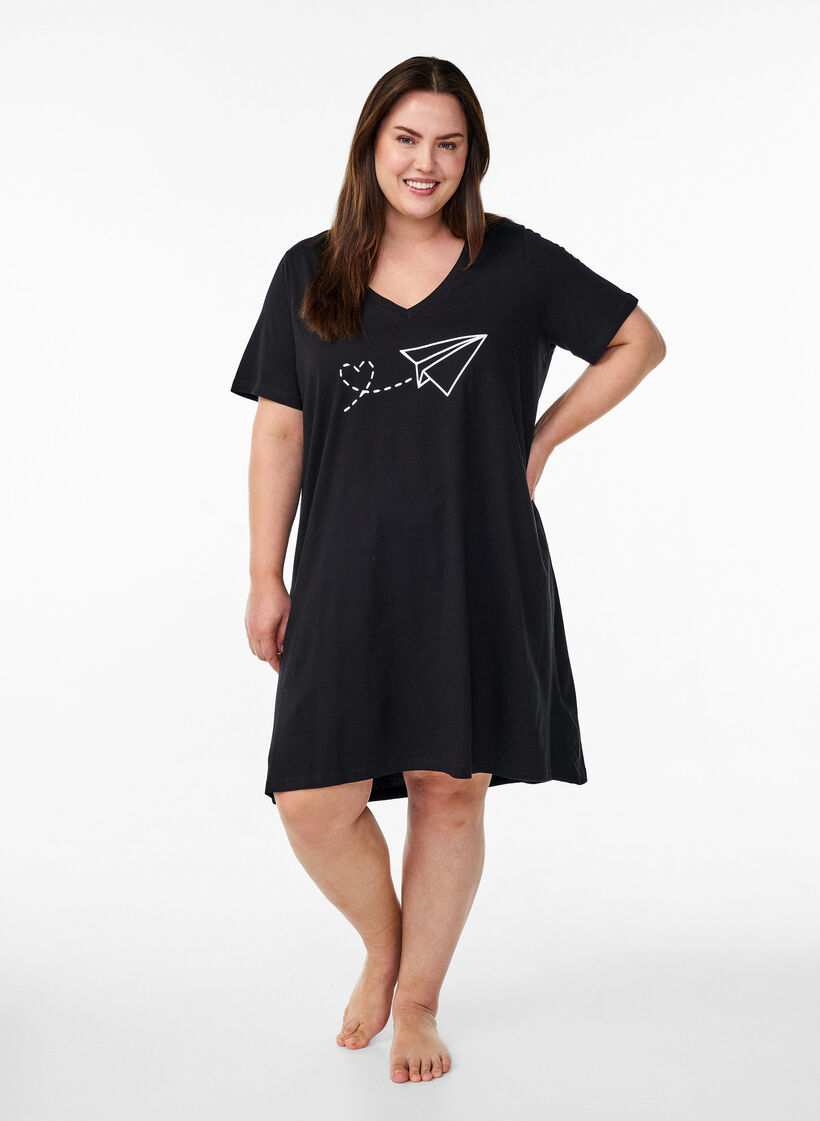 Natkjole i &oslash;kologisk bomuld med v-hals , , Model image number 1