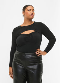 Cut-out bluse med lange ærmer, Black, Model