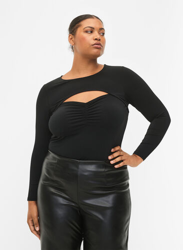Cut-out bluse med lange ærmer, Black, Model image number 0