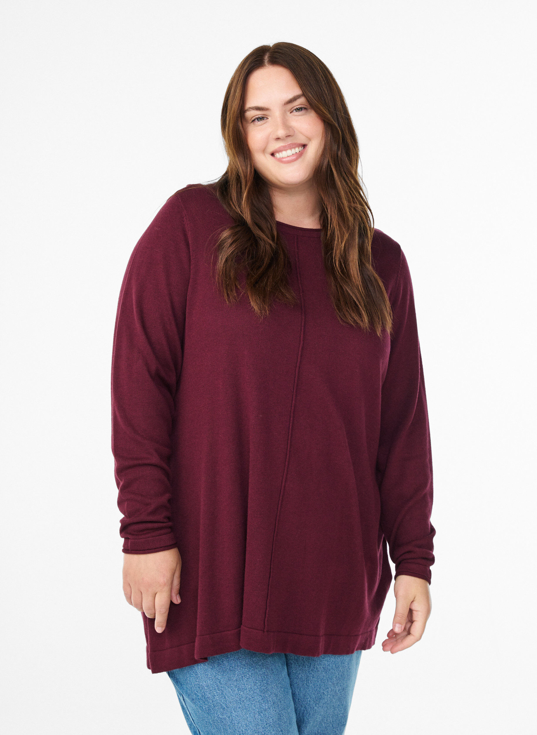 Strikbluse i bomulds-viskosemix, M&oslash;rk Bordeaux, Model