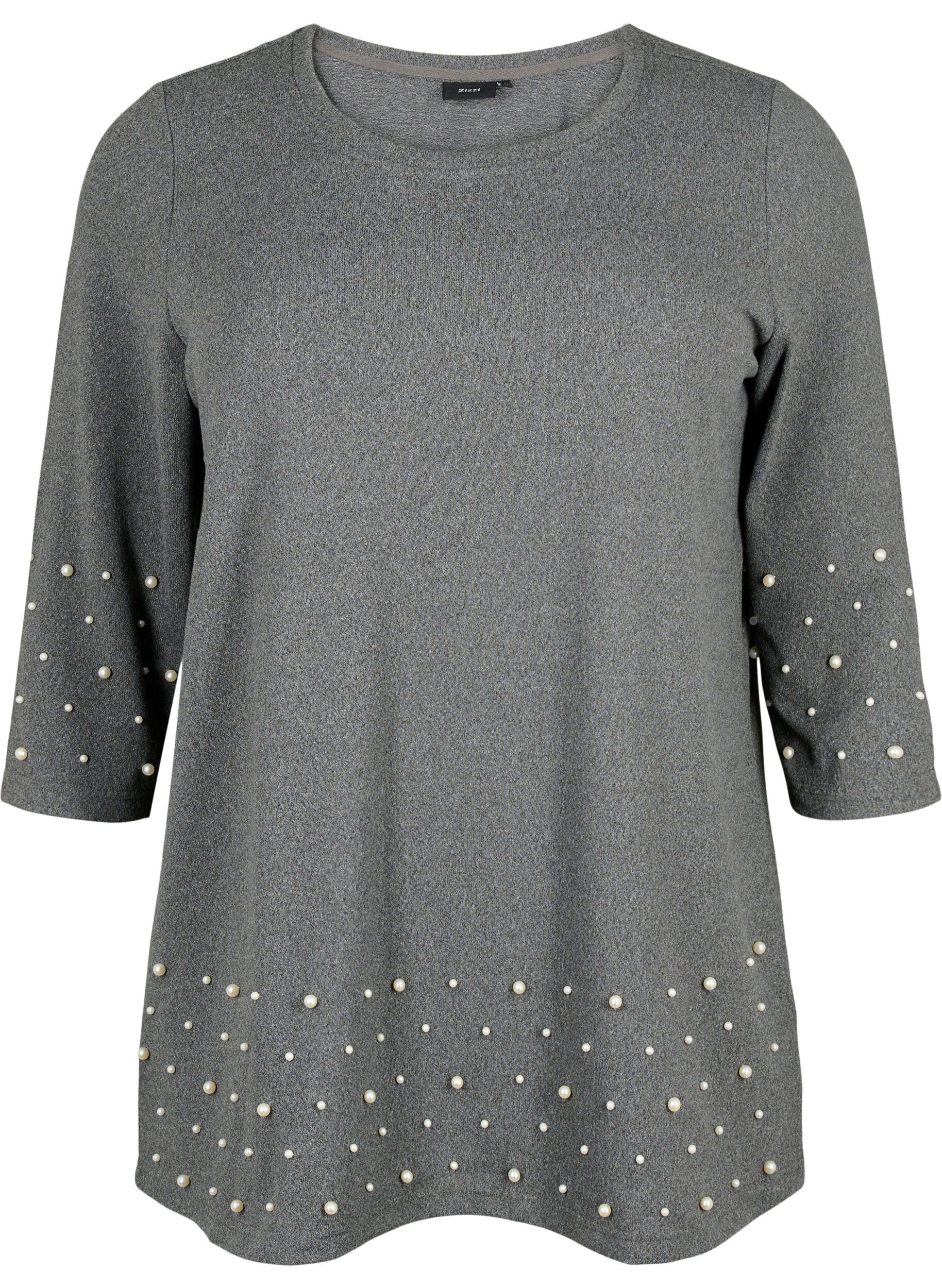 Zizzi Bluse med perler og 3/4 &aelig;rmer, Dark Grey Melange, Packshot image number 0